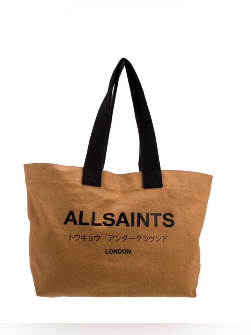 All Saints Tan Canvas Duffel with Black Handles